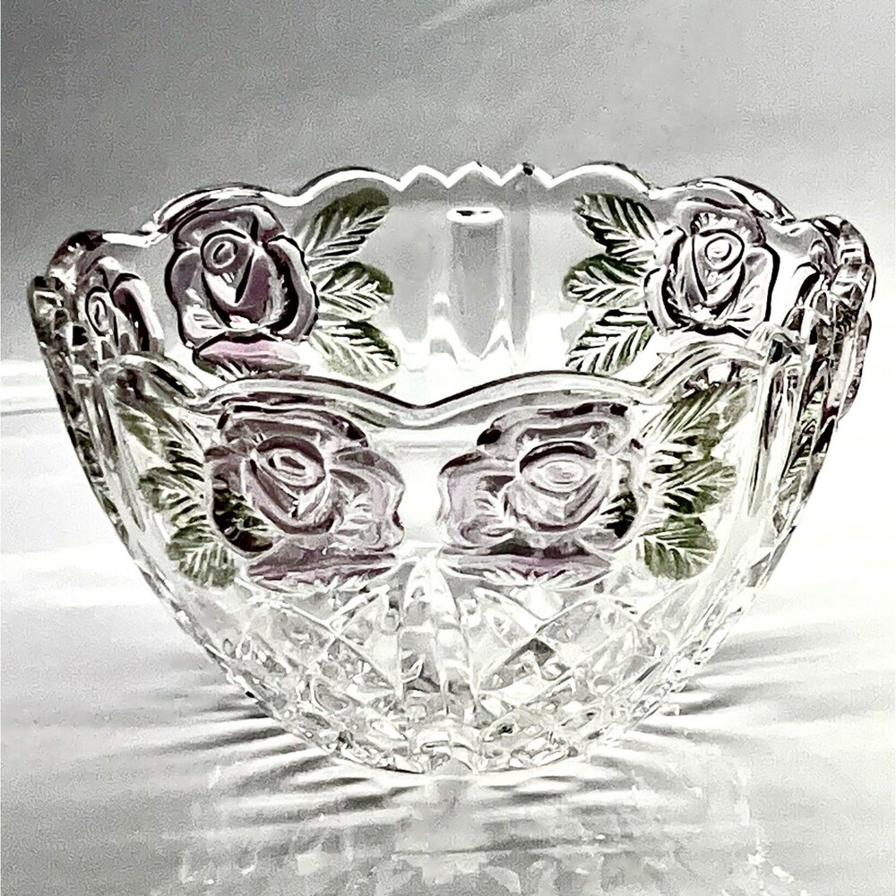 Anna Hutte Crystal ~ Pink & Green Etched Rose 4.75”  Bowl Germany~ Vintage